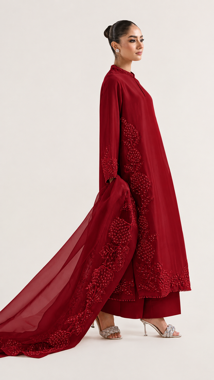 Atharva Heritage Sheer Luxury Pure Silk Ready to Wear Pakistani Suit SLP0012 Deep Red