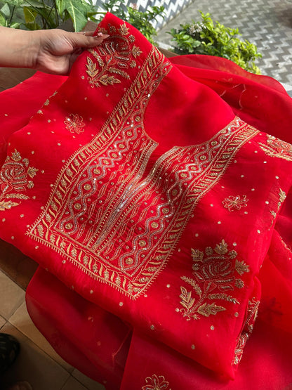 Atharva Heritage Red Noor Organza Silk Chikankari Unstitched Kurta Dupatta Set SL89000646