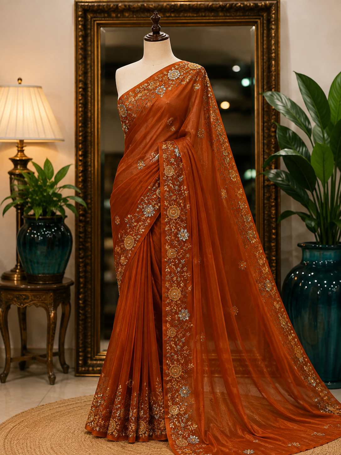 Atharva Heritage Burnt Orange Pure Silk Organza Saree – Trousseau Collection | 400+ Hours Hand-Embroidered Luxury RLS178