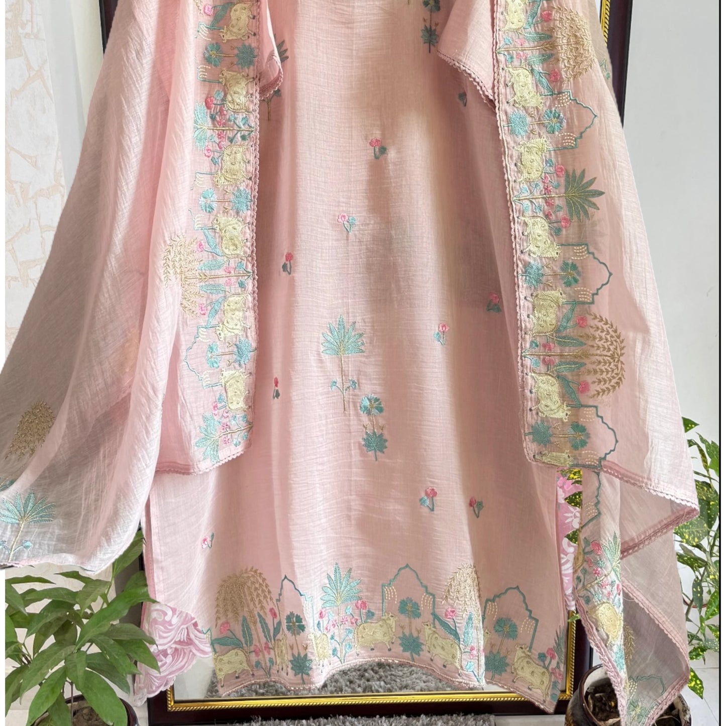 Atharva Frech Thread Pichwai motifs  Embroidered Pure Mul Chanderi Hand woven  edits MC70015P Pink