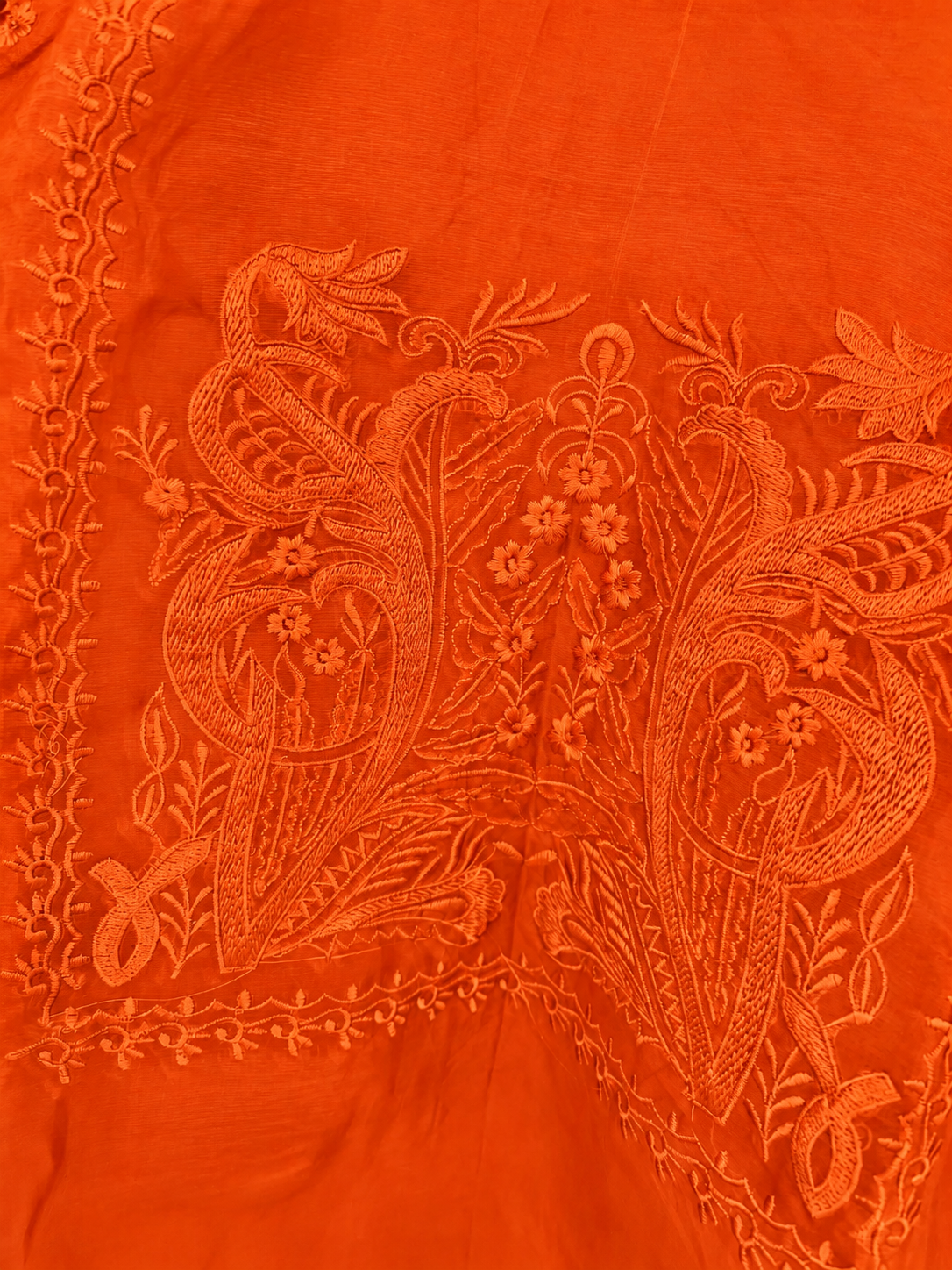 Atharva Heritage Pure Silk Organza Burnt Orange French Thread Monochrome Embroidered unstitched Front and Back  Pakistani Suit SLP001