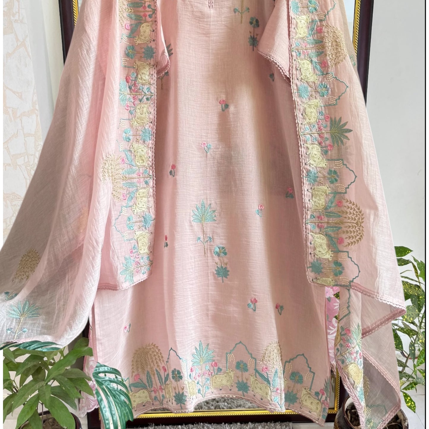 Atharva Frech Thread Pichwai motifs  Embroidered Pure Mul Chanderi Hand woven  edits MC70015P Pink