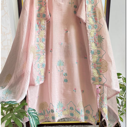 Atharva Frech Thread Pichwai motifs  Embroidered Pure Mul Chanderi Hand woven  edits MC70015P Pink