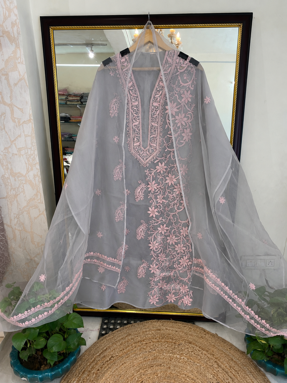 Atharva Heritage Sheer Luxury “Handcrafted 2-Taar Shadow Lucknowi Embroidered Suit – Pure Silk Organza | Limited Edition AH-1813-3198