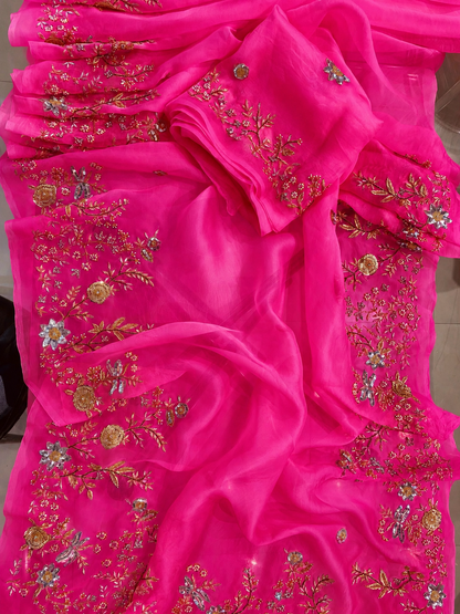 Atharva Heritage Hot Pink Pure Silk Organza Saree – Trousseau Collection | 400+ Hours Hand-Embroidered Luxury RLS178