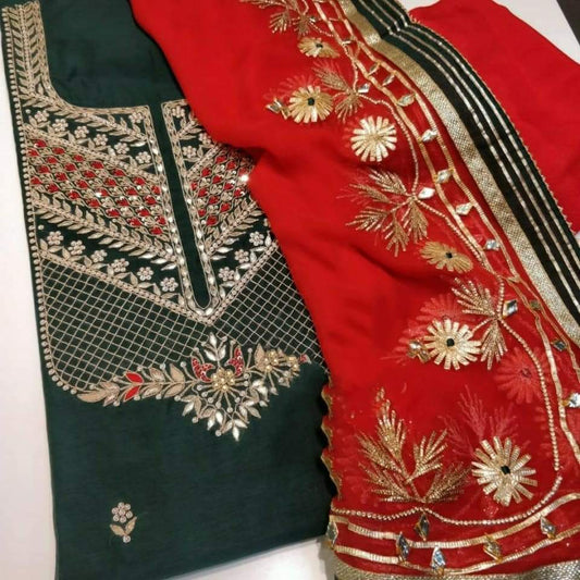 ATHARVA Hand Embroidered Salwar Kameez w/Bottle Green n Red Chanderi Shirt/Gota Pati Chiffon Dupatta/Custom Stitch Unstitch/Custom Anarkali/CH18011