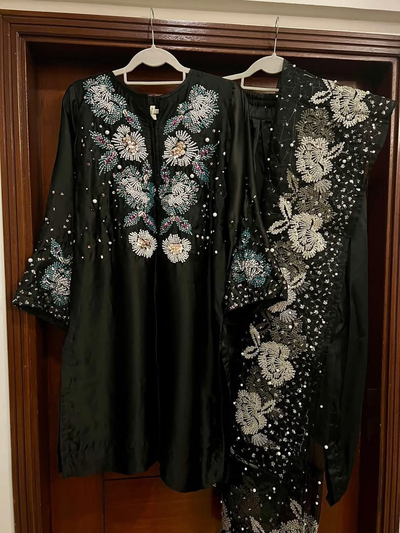 Atharva Heritage Black Pearl/Sequence  Elegance – Hand Embroidered Silk 80 Grams Pakistani Suit Set 18133176