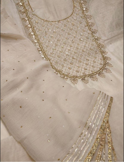 Atharva Embroidered Salwar Kameez w/Beautiful Embroidered Neck in Beige Chanderi w/Chiffon Dupatta w/Stones And Gota Patti Border CH1049