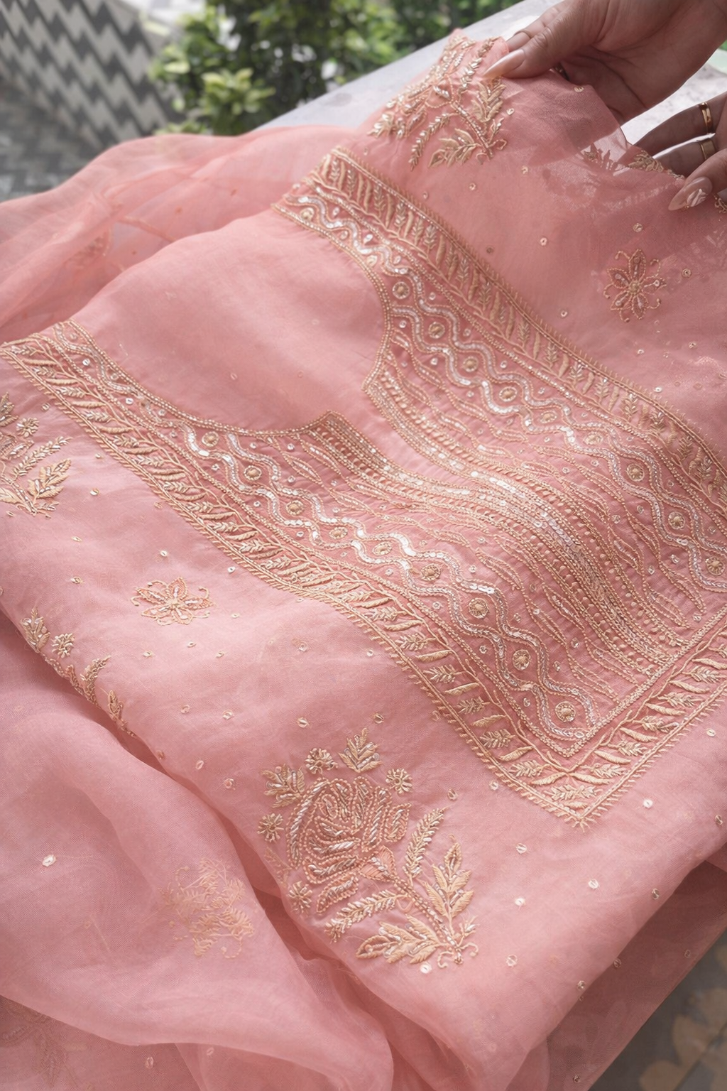 Atharva Heritage Powder Pink Noor Organza Silk Chikankari Unstitched Kurta Dupatta Set SL89000646