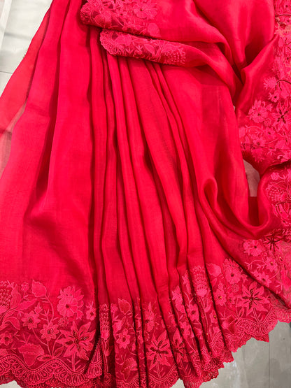 Atharva Heritage Red Kerwachauth Saree in Pure Silk Organza with French Thread Monochrome Embroidery