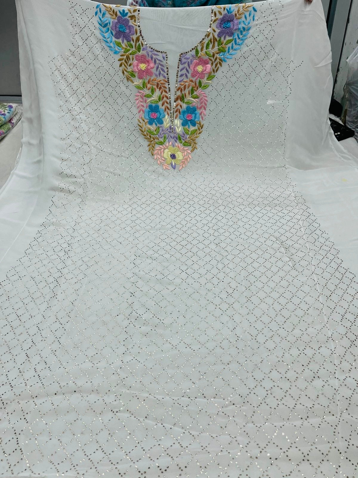 Ivory Hand  Mukaish Kamdani Hand Parsi Gara Neckline Suit CHG0071