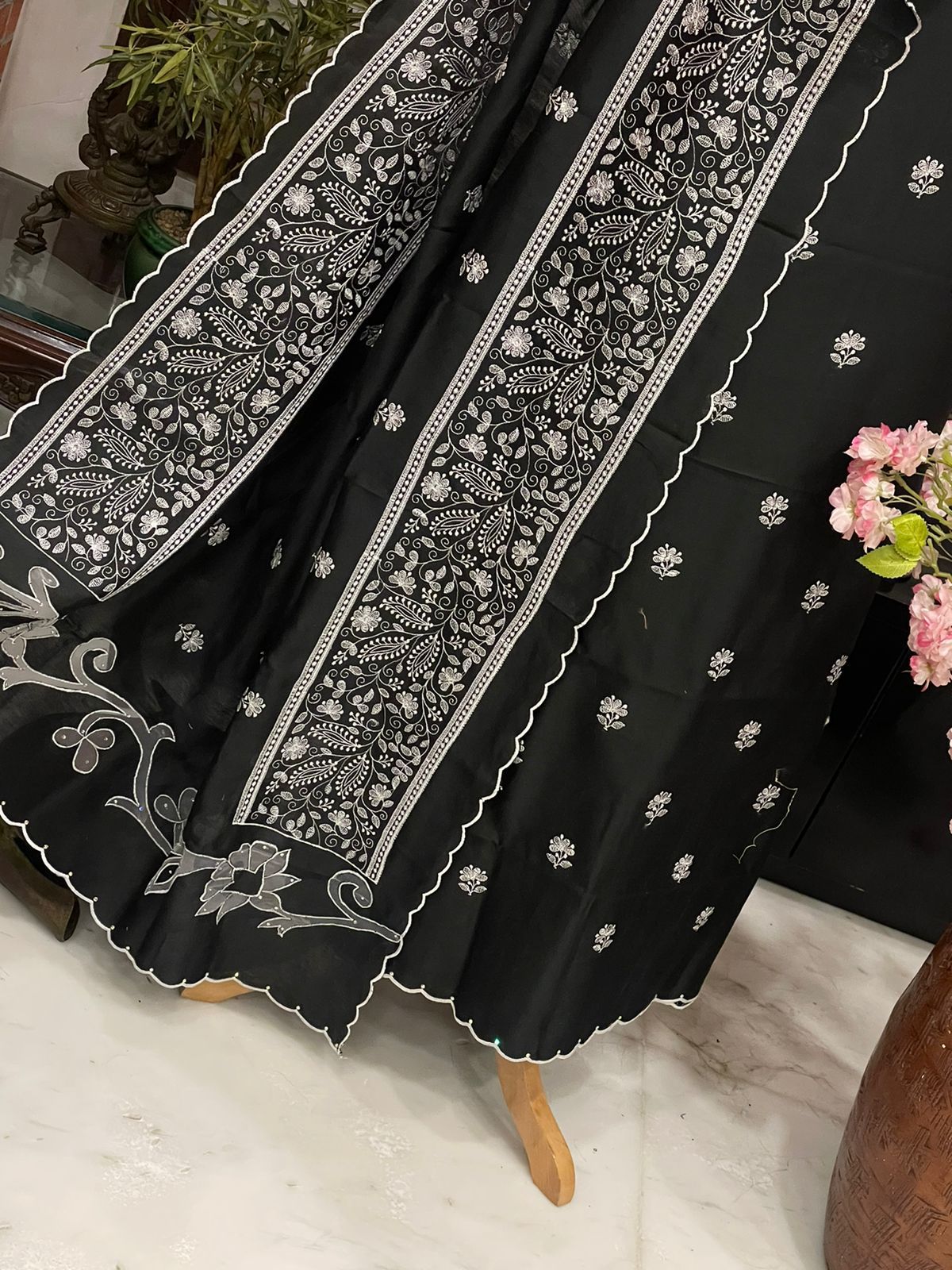 PURE CHANDER SILK  PARSI GARA SUIT with Cutwork on width CH5417 Black and white