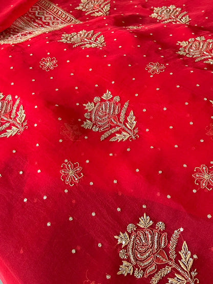 Atharva Heritage Red Noor Organza Silk Chikankari Unstitched Kurta Dupatta Set SL89000646