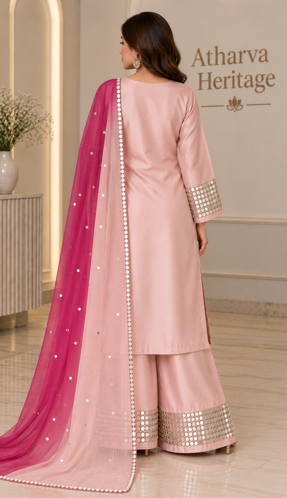 Atharva Heritage Pure Silk Long-Pakistani Suit with Hand-Embroidered Mirror Work & Ombre Dupatta PSJ1651