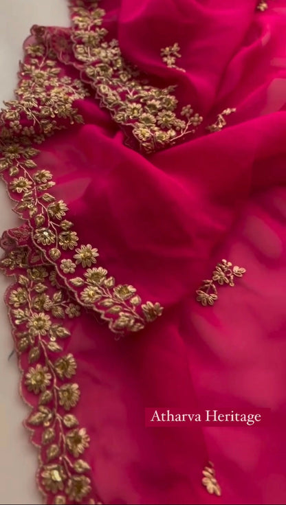 Atharva Heritage Fuchsia Pink Luxury Sheer Saree with Intricate Gold Floral Embroidery AH1813HZS