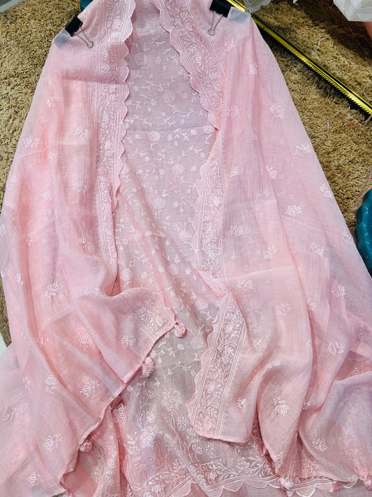 ATHARVA HERITAGE PURE MUL CHANDERI DYEABLE SHADOW EMBROIDERY UNSTITCHED SUIT CH5424P Pink