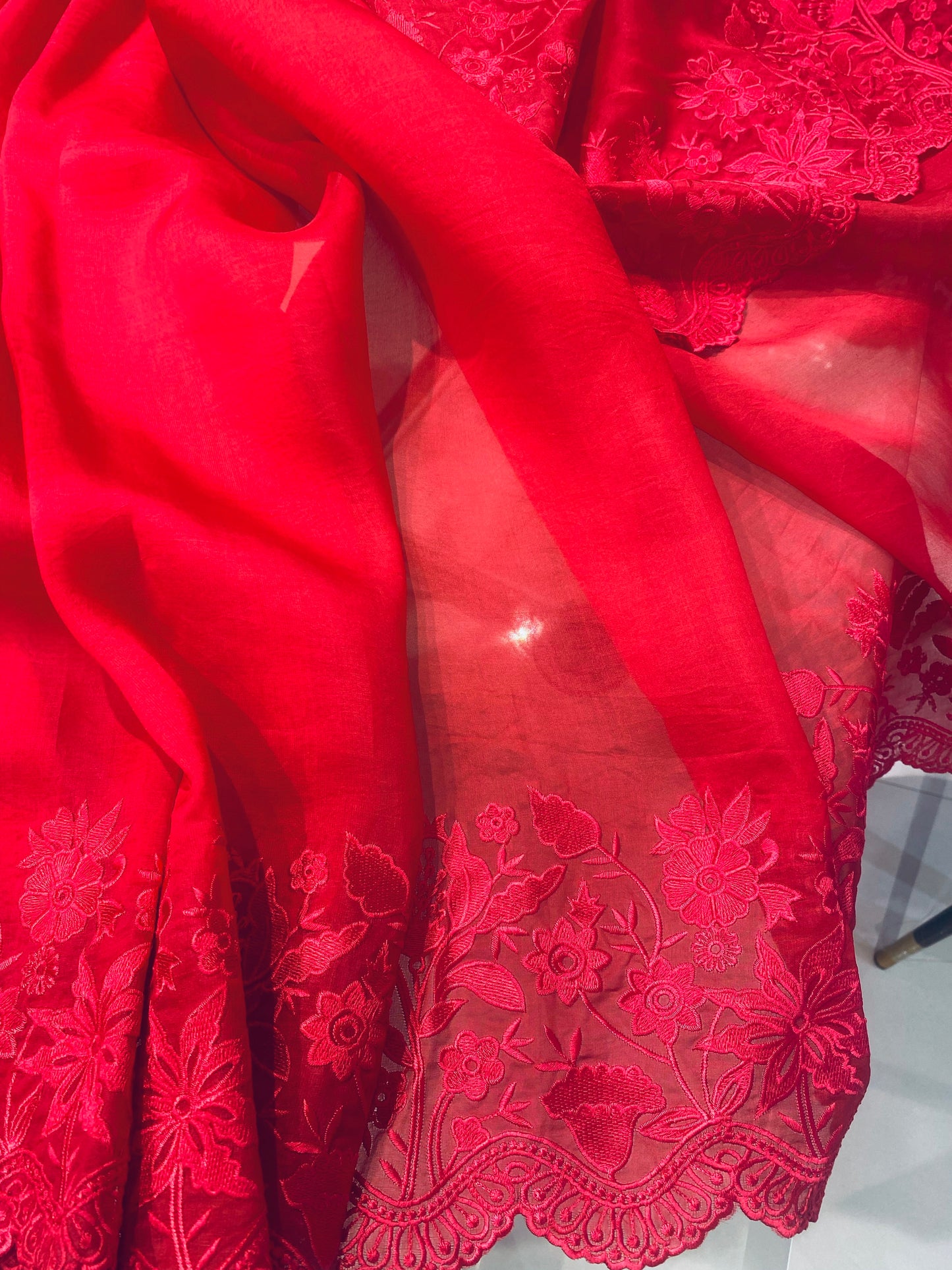 Atharva Heritage Red Kerwachauth Saree in Pure Silk Organza with French Thread Monochrome Embroidery