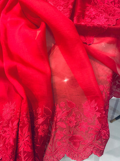 Atharva Heritage Red Kerwachauth Saree in Pure Silk Organza with French Thread Monochrome Embroidery