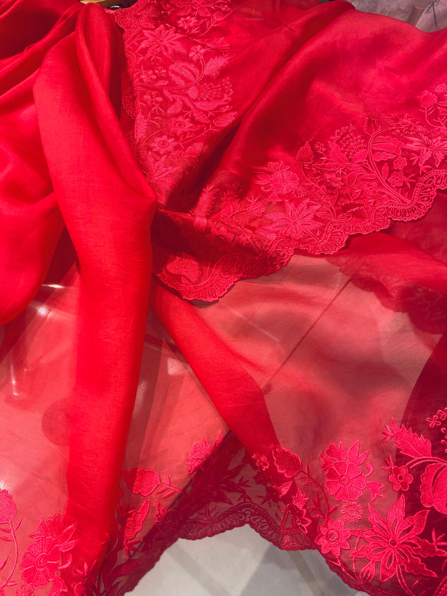 Atharva Heritage Red Kerwachauth Saree in Pure Silk Organza with French Thread Monochrome Embroidery