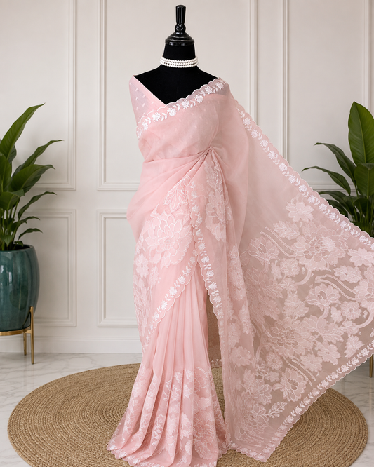 Atharva Heritage “Sheer luxury pure silk organza saree with intricate hand applique work, designed by master craftsmen — perfect for weddings, festive occasions, and luxury trousseaus.” S001B