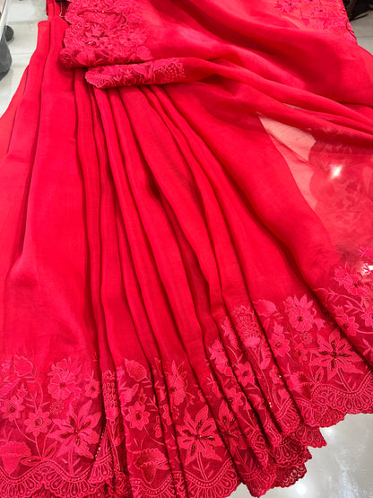 Atharva Heritage Red Kerwachauth Saree in Pure Silk Organza with French Thread Monochrome Embroidery