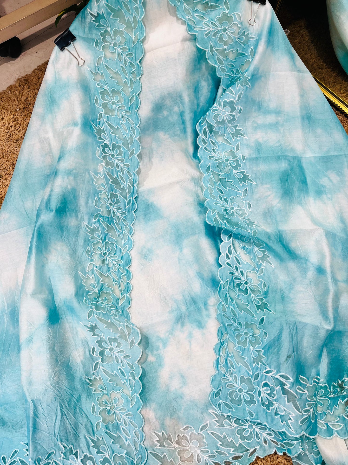 ATHARVA Hand Applique /Cutwork  Embroidery Salwar Kameez/pure Chanderi Silk Ombre  Shirt & Dupatta/Santoon Bottom/Custom Stitch Unstitch/Plazo/Pant/ CUT8065 Blue