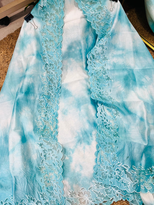 ATHARVA Hand Applique /Cutwork  Embroidery Salwar Kameez/pure Chanderi Silk Ombre  Shirt & Dupatta/Santoon Bottom/Custom Stitch Unstitch/Plazo/Pant/ CUT8065 Blue