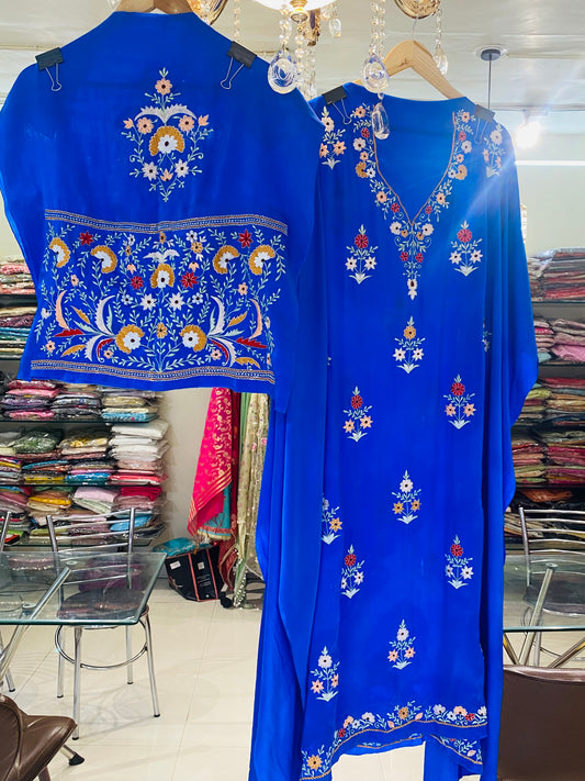 Sheer Luxury Pure Silk 80 Grams Kashmiri Embroidered Pakistani unstitched Kurta With Bottom  SLP0011 Royal Blue