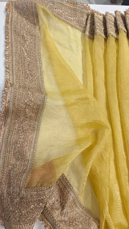 Atharva Heritage “Pure Crushed Tissue Silk Sari with Hand Pita Border & Kiran Lace – Yellow”