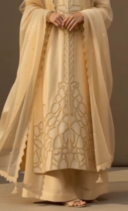 Atharva Heritage Noor Beige Monochrome Hand-Embroidered Raw Silk A-Line Suit AH13183157