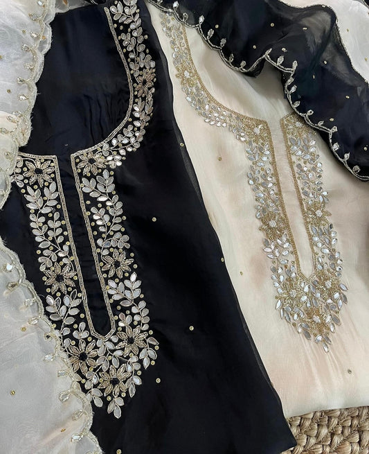 ATHARVA HERITAGE Hand Embroidery Salwar Kameez /Pure Silk Organza Dupatta With Stunning Real Mirror  & Trim/Custom Stitch Unstitch/Gift/Patiala/Anarkali/Churridar/CH17323 Black and White