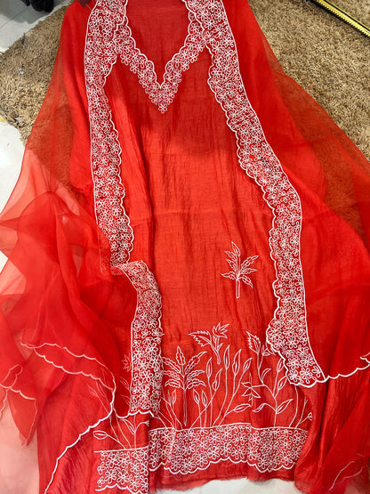 PURE MUL CHANDERI  AND Pure Silk ORGANZA EDITS CHO00156BR  Brick Red