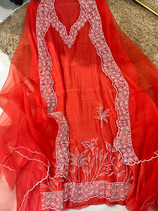 PURE MUL CHANDERI  AND Pure Silk ORGANZA EDITS CHO00156BR  Brick Red