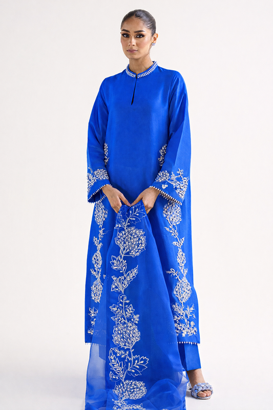 Atharva Heritage Sheer Luxury Pure Silk Ready to Wear Pakistani Suit SLP0012 Electric Blue