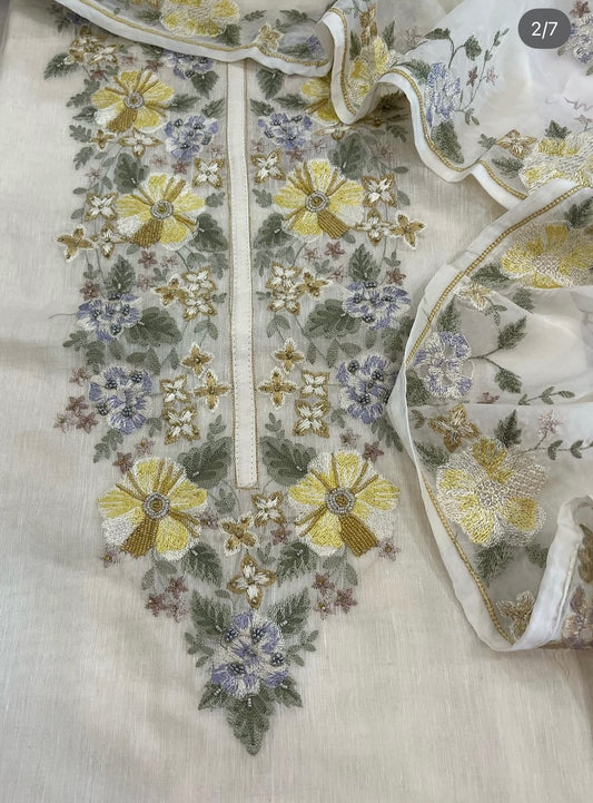 ATHARVA HERITAGE PURE MUL CHANDERI SILK  PARSI GARA SUIT MCH0012 Ivory