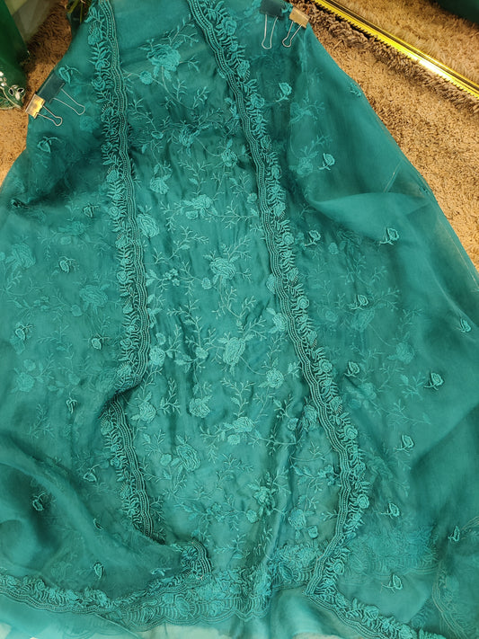 Atharva Heritage SHEER LUXURY Pure silk Organza  PARSI GARA Front And Back SUIT SHEER00107 Emerald Green