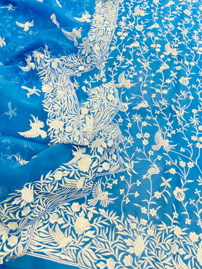 PURE MUL CHANDERI SILK  PARSI GARA SUIT MCH0015 (C) Blue