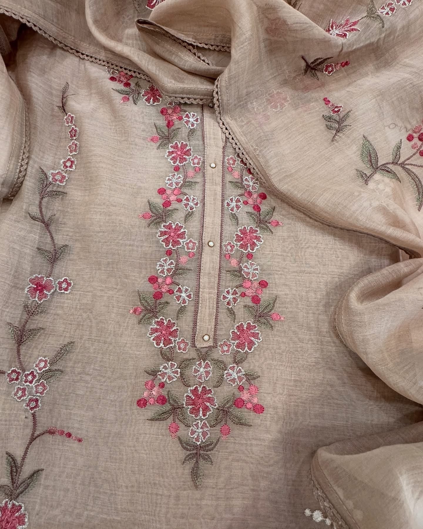 ATHARVA HERITAGE PURE MUL CHANDERI SILK  PARSI GARA SUIT MCH0013P Dusty Peach