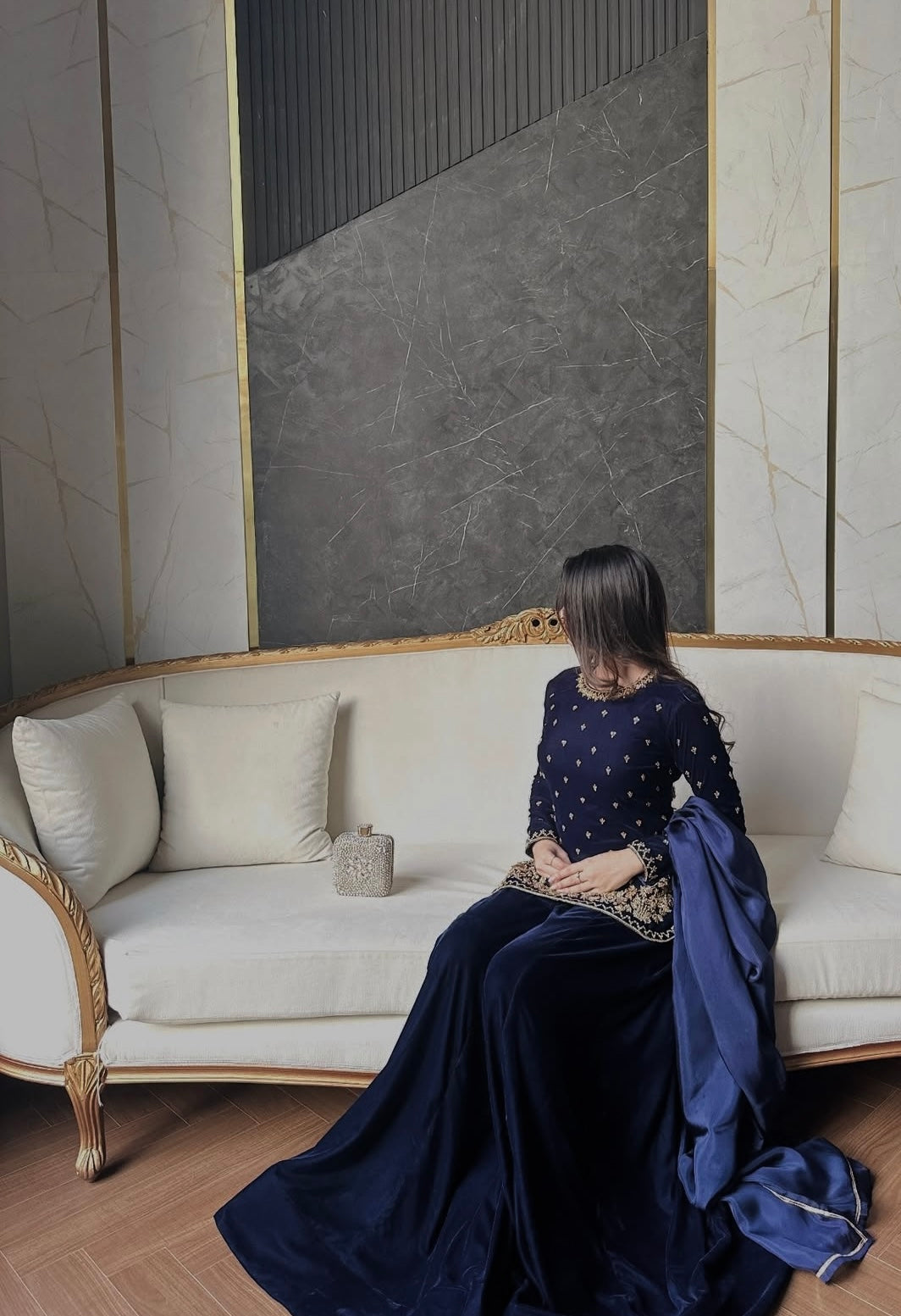 Atharva Heritage Royal Blue Pure Silk Velvet Garara Set with Hanzardozi Embroidery 181331921