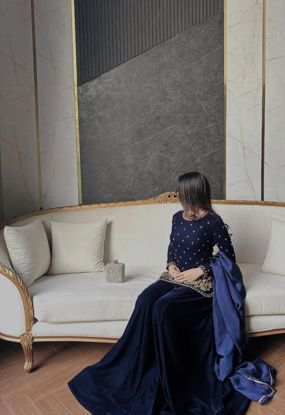 Atharva Heritage Royal Blue Pure Silk Velvet Garara Set with Hanzardozi Embroidery 181331921