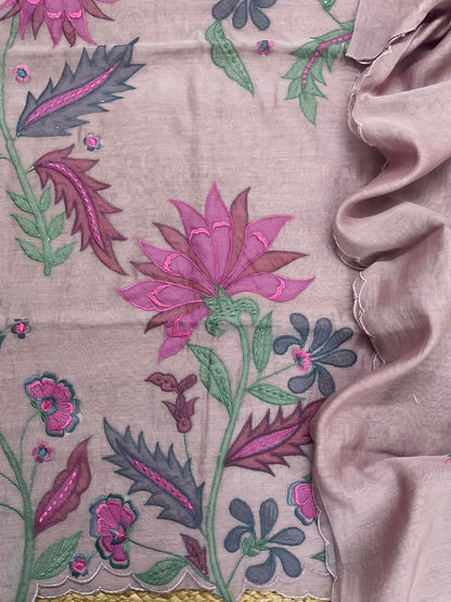 Atharva Heritage/Pure Mul Chanderi Shirt & Dupatta/ Hand Applique/Cutwork with Thread Embroidery/Cotton Silk  Bottom/CUT80390