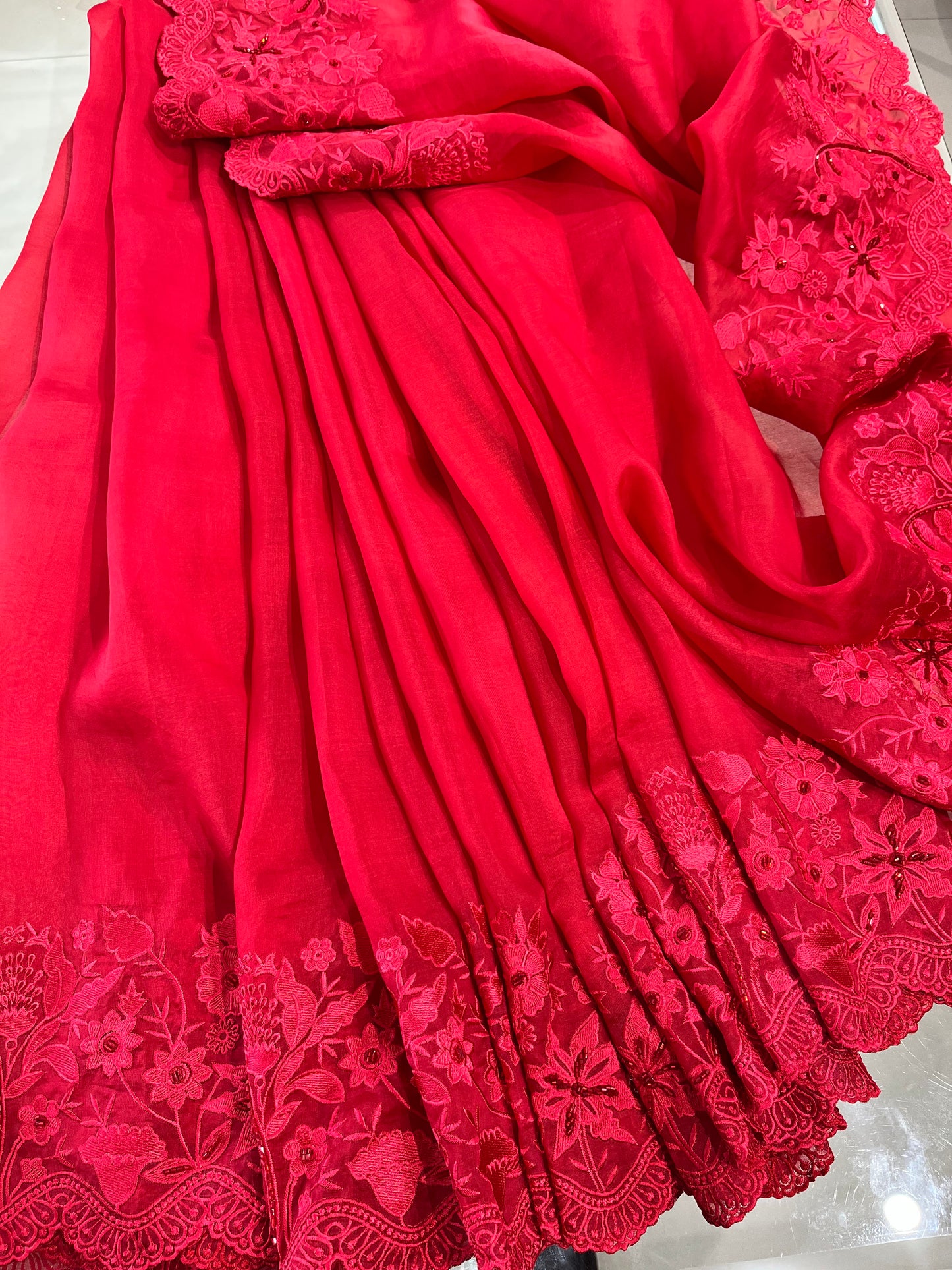 Atharva Heritage Red Kerwachauth Saree in Pure Silk Organza with French Thread Monochrome Embroidery