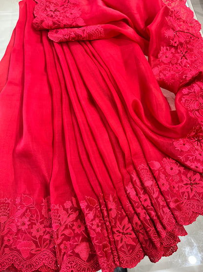 Atharva Heritage Red Kerwachauth Saree in Pure Silk Organza with French Thread Monochrome Embroidery