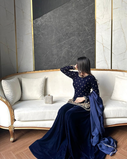 Atharva Heritage Royal Blue Pure Silk Velvet Garara Set with Hanzardozi Embroidery 181331921