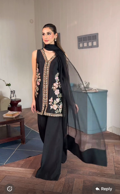 Atharva Heritage Black Pure Raw Silk 100g Hand-Embroidered Jacket Style Farshi Salwar Set FSBRS51