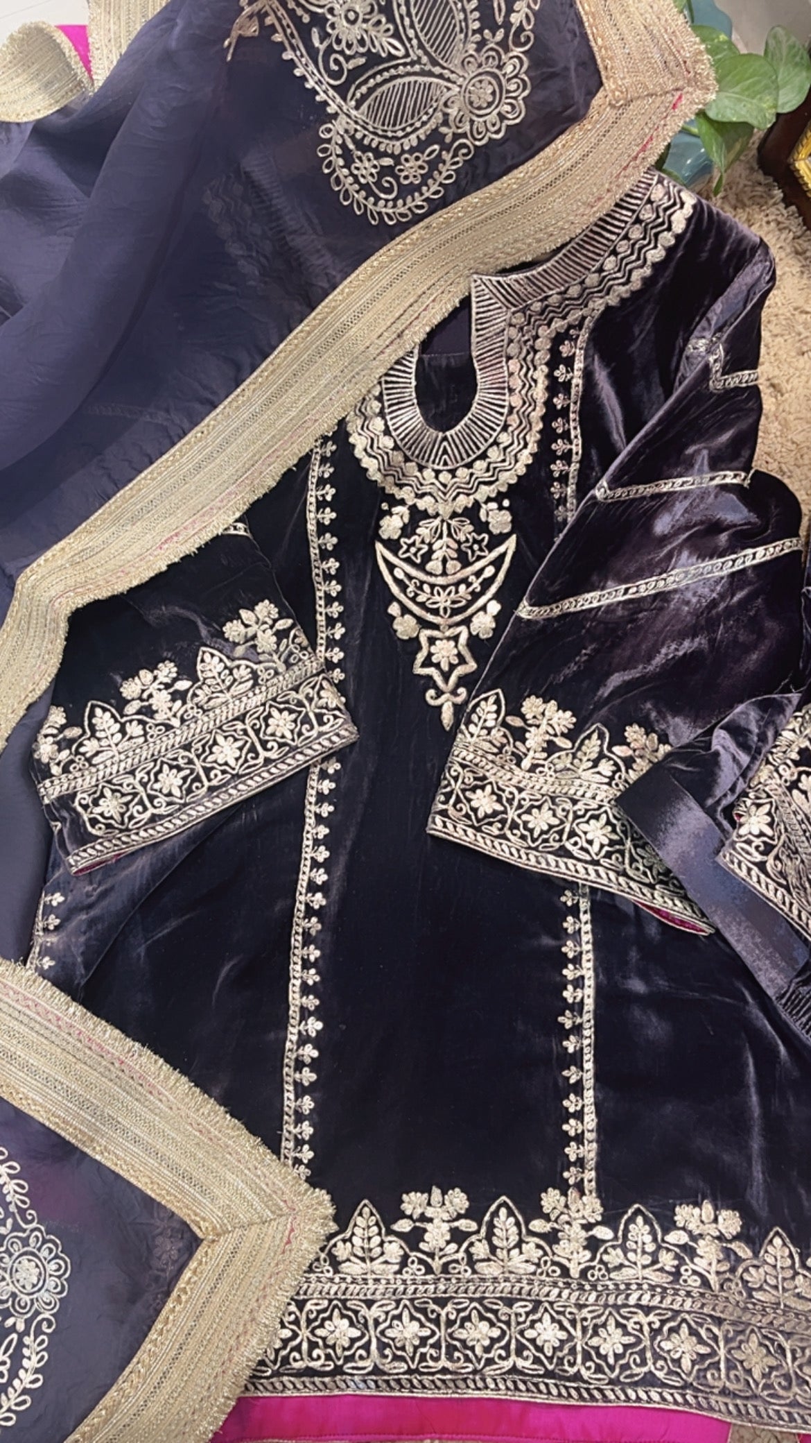 Atharva Heritage Pure Silk Velvet Violet Color Pakistani Co-ord Set with All-Over Pita Embroidery & Organza Dupatta AH181331345