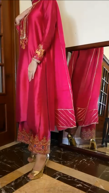 Atharva Heritage Enchanting Elegance: Pure Satin Silk  Pakistani Suits Adorned with Exquisite Parsi Embroidery CO00261