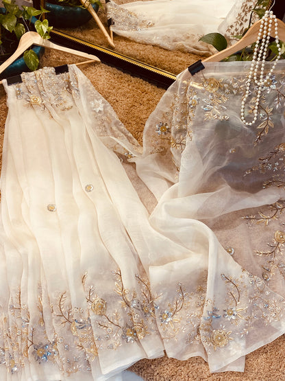 Atharva Heritage Ivory Pure Silk Organza Saree – Trousseau Collection | 400+ Hours Hand-Embroidered Luxury RLS178