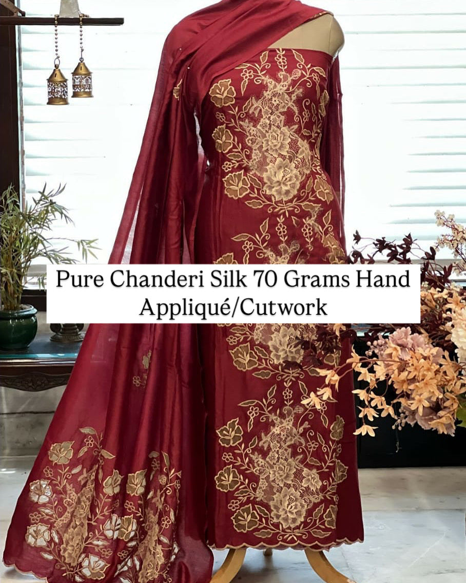 ATHARVA Hand Applique /Cutwork  Embroidery Salwar Kameez/pure Chanderi Silk Shirt & Dupatta/Santoon Bottom/Custom Stitch Unstitch/Plazo/Pant/ CUT8071 Red