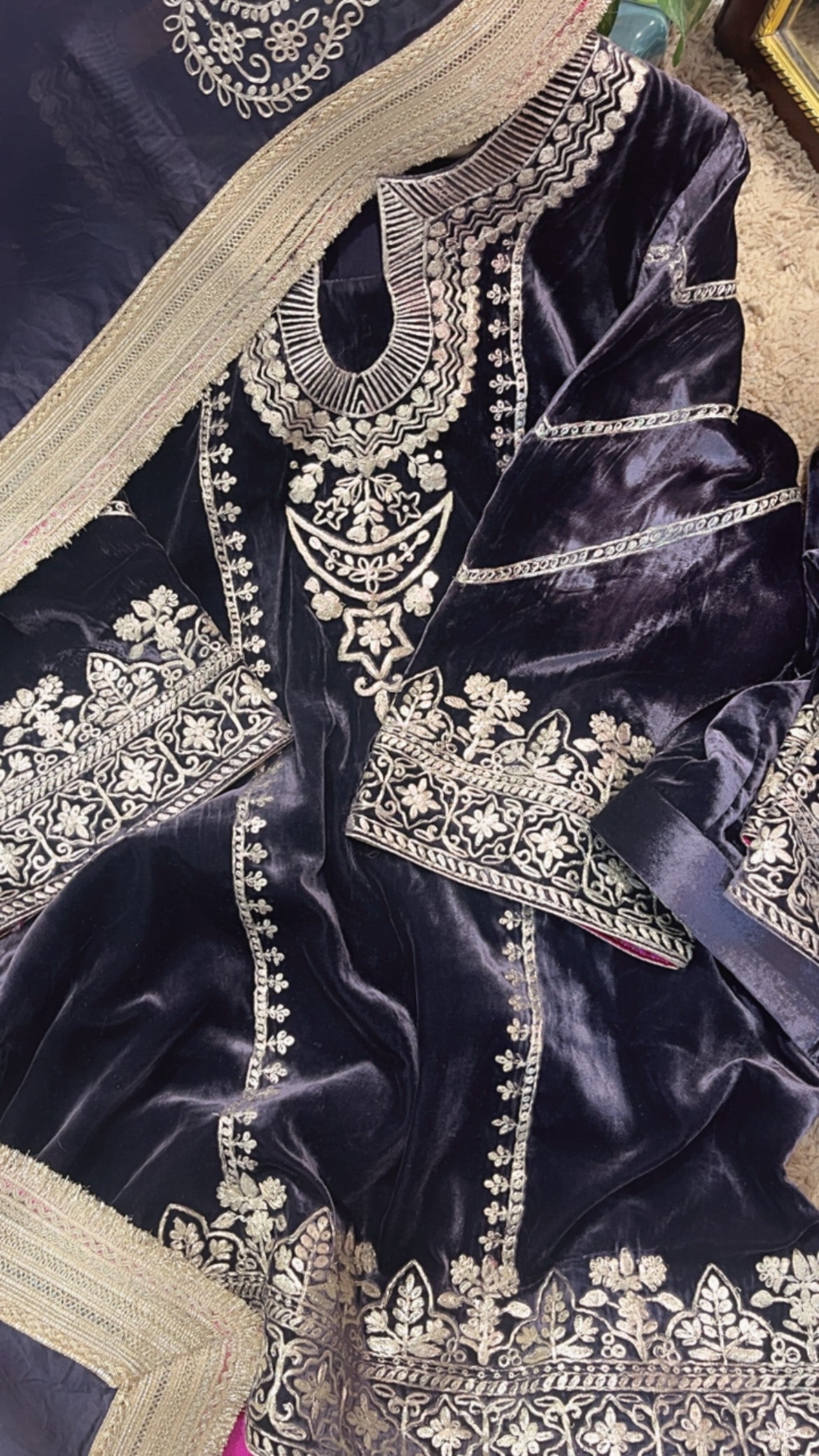 Atharva Heritage Pure Silk Velvet Violet Color Pakistani Co-ord Set with All-Over Pita Embroidery & Organza Dupatta AH181331345